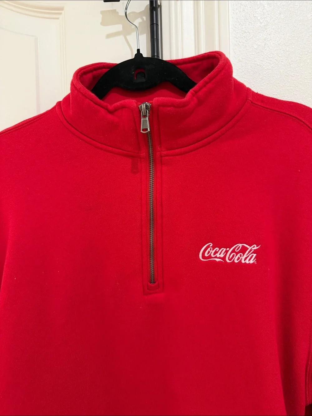 Red quarter zip Coca Cola embroidered sweater with pockets